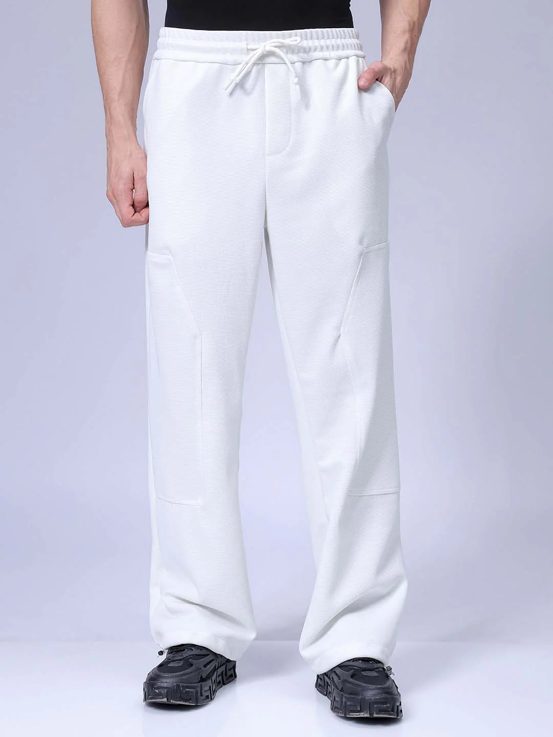 Men's White Wide Leg Fit Textured Utility Trouser