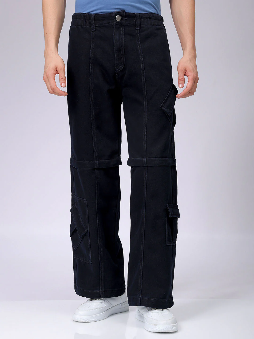Men's Dark Blue Wide Leg Fit Solid Utility Jeans