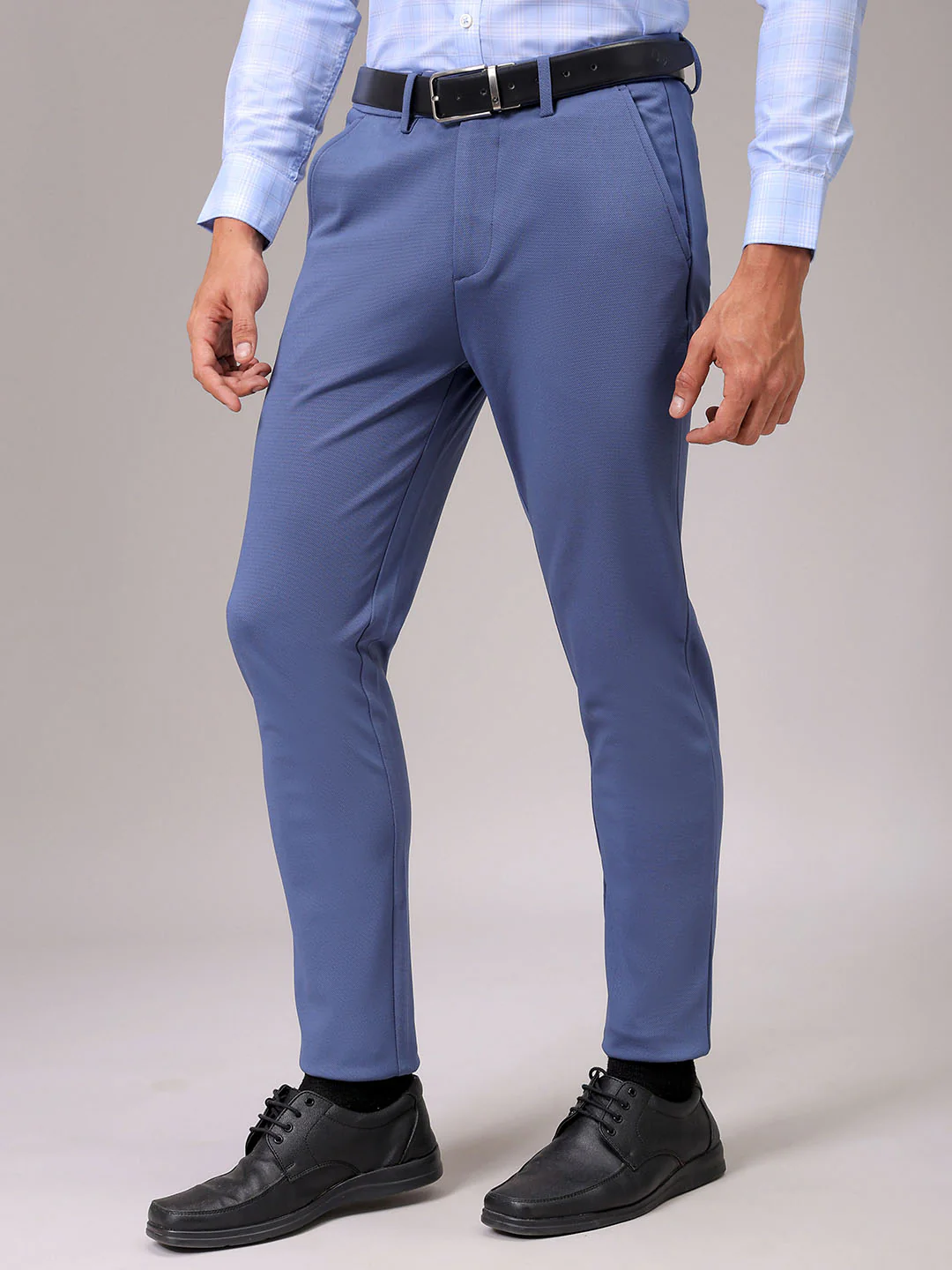 Men's Blue Slim Fit Textured Formal Trouser
